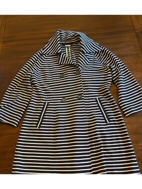 Cabi Striped Long Blazer Jacket Size M Navy White Button Front Stretch Career